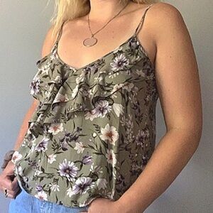 American Eagle Olive Green Floral Tank With Ruffles